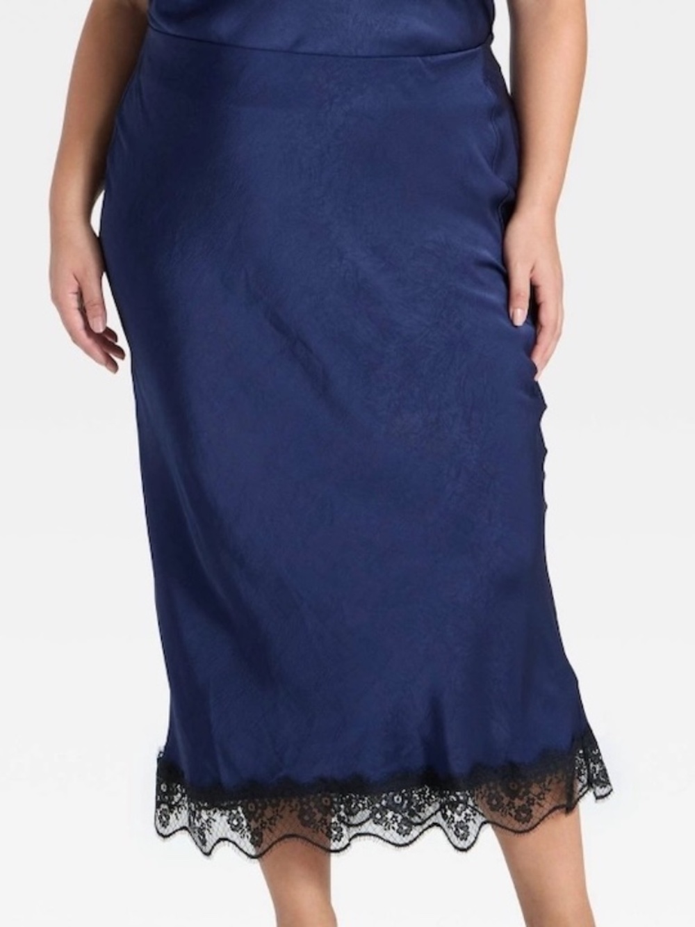 A New Day Womens XXL Pull-On Midi Slip Skirt Navy Blue Satin Black Lace Trim